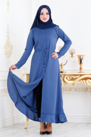Nayla Collection - Etek Ucu Volanlı İndigo Mavisi Tesettür Elbise 2090IM - Thumbnail