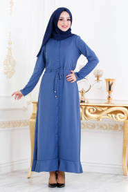 Nayla Collection - Etek Ucu Volanlı İndigo Mavisi Tesettür Elbise 2090IM - Thumbnail