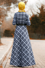 Nayla Collection - Fermuar Detaylı Ekoseli Gri Tesettür Elbise 8387GR - Thumbnail