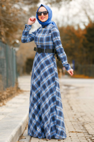Nayla Collection - Fermuar Detaylı Ekoseli Mavi Tesettür Elbise 8387M - Thumbnail