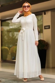 Nayla Collection - Fermuarlı Beyaz Tesettür Elbise 1366B - Thumbnail