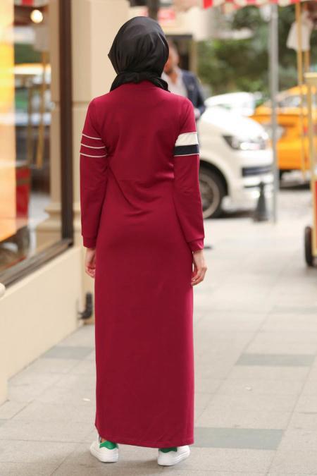 Nayla Collection - Fermuarlı Bordo Tesettür Elbise 82461BR - 2
