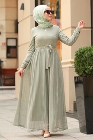 Nayla Collection - Fermuarlı Çağla Yeşili Tesettür Elbise 1366CY - Thumbnail