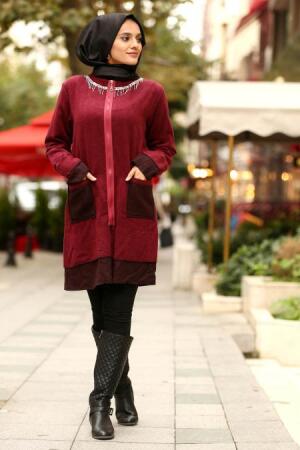 Nayla Collection - Fermuarlı Cepli Bordo Tesettür Kap 40039BR - 1