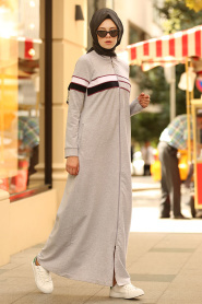 Nayla Collection - Fermuarlı Gri Tesettür Elbise 82461GR - Thumbnail