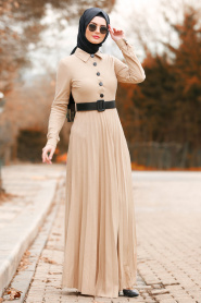 Nayla Collection - Düğmeli Kemerli Bej Tesettür Elbise 8396BEJ - Thumbnail