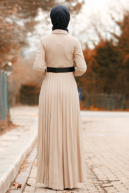 Nayla Collection - Düğmeli Kemerli Bej Tesettür Elbise 8396BEJ - Thumbnail