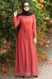 Nayla Collection - Fermuarlı Kiremit Tesettür Elbise 1366KRMT - Thumbnail