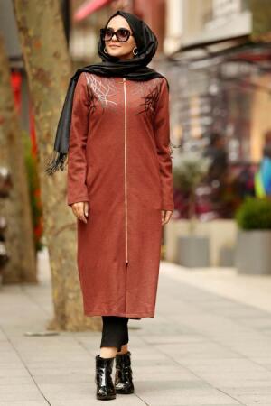 Nayla Collection - Fermuarlı Kiremit Tesettür Kaşe Kap 9047KRMT - 1