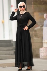 Nayla Collection - Fermuarlı Siyah Tesettür Elbise 1366S - Thumbnail
