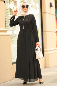 Nayla Collection - Fermuarlı Siyah Tesettür Elbise 5009S - Thumbnail