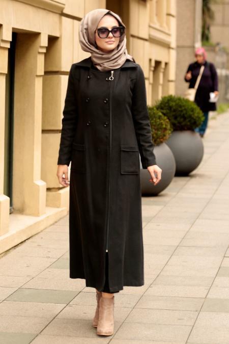 Nayla Collection - Fermuarlı Siyah Tesettür Kaşe Kap 53980S - 1