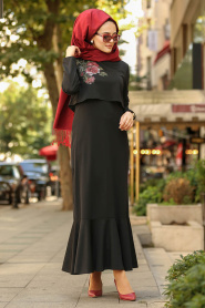 Nayla Collection - Fıfırlı Siyah Tesettür Elbise 100395S - Thumbnail