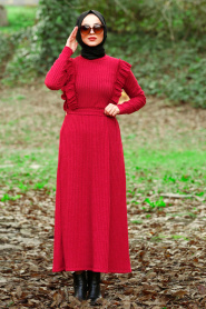 Nayla Collection - Fırfır Detaylı Bordo Tesettür Elbise 4032BR - Thumbnail