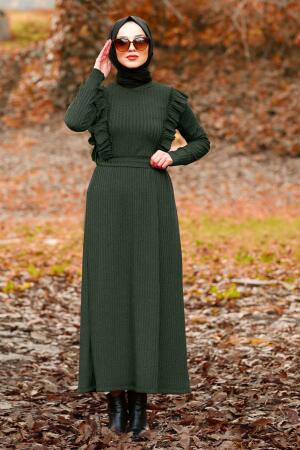 Nayla Collection - Fırfır Detaylı Yeşil Tesettür Elbise 4032Y - 1
