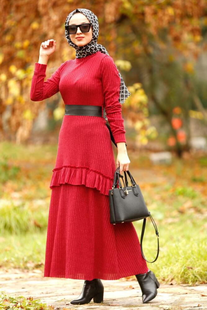 Nayla Collection - Fırfırlı Bordo Tesettür Elbise 4021BR - 1