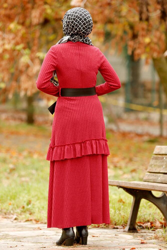 Nayla Collection - Fırfırlı Bordo Tesettür Elbise 4021BR - 2