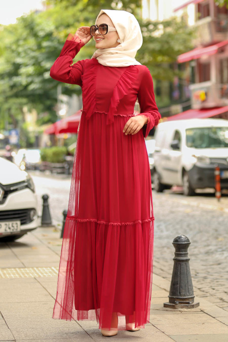 Nayla Collection - Fırfırlı Bordo Tesettür Elbise 81901BR