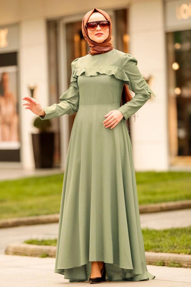 Nayla Collection - Fırfırlı Çağla Yeşili Tesettür Elbise 4262CY - 1