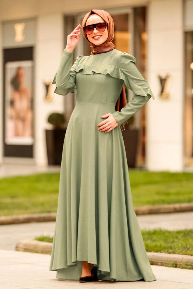 Nayla Collection - Fırfırlı Çağla Yeşili Tesettür Elbise 4262CY - 2