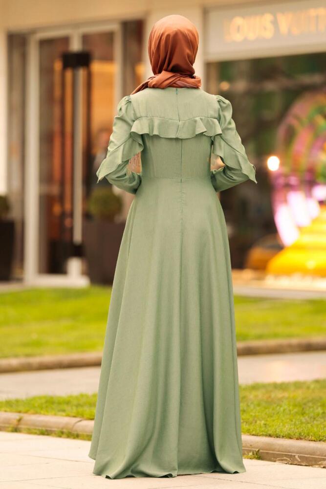 Nayla Collection - Fırfırlı Çağla Yeşili Tesettür Elbise 4262CY - 3