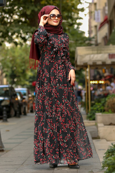 Nayla Collection - Fırfırlı Desenli Siyah Tesettür Elbise 8258S