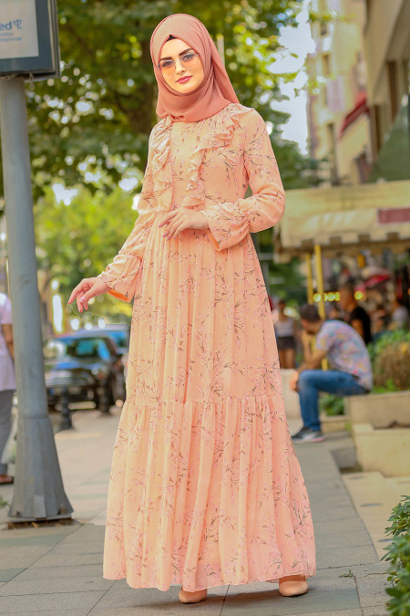 Nayla Collection - Fırfırlı Desenli Somon Tesettür Elbise 8258SMN