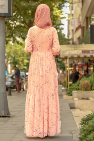 Nayla Collection - Fırfırlı Desenli Somon Tesettür Elbise 8258SMN - Thumbnail