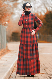 Nayla Collection - Fırfırlı Ekoseli Kiremit Tesettür Elbise 8373KRMT - Thumbnail