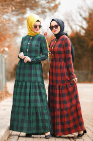 Nayla Collection - Fırfırlı Ekoseli Kiremit Tesettür Elbise 8373KRMT - Thumbnail