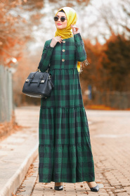 Nayla Collection - Fırfırlı Ekoseli Yeşil Tesettür Elbise 8373Y - Thumbnail