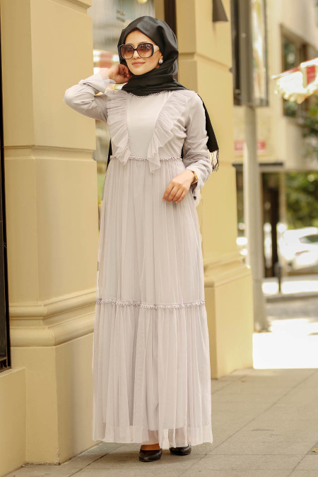 Nayla Collection - Fırfırlı Gri Tesettür Elbise 81901GR