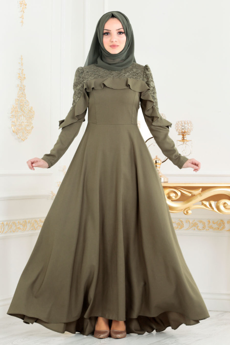 Nayla Collection - Fırfırlı Haki Tesettür Elbise 42410HK