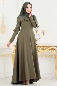 Nayla Collection - Fırfırlı Haki Tesettür Elbise 42410HK - Thumbnail