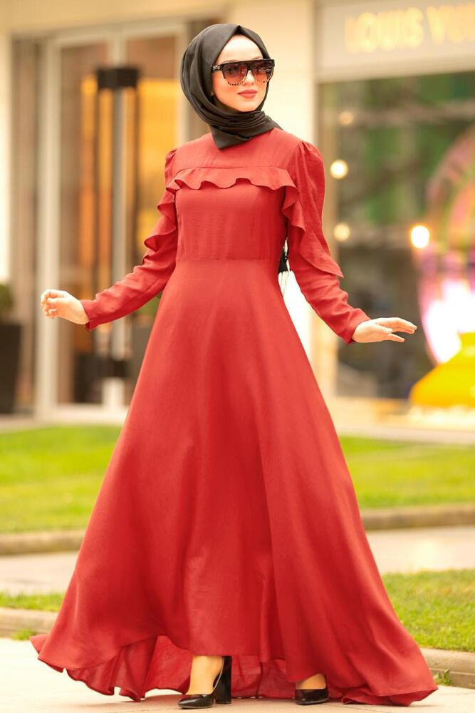 Nayla Collection - Fırfırlı Kiremit Tesettür Elbise 4262KRMT - 1
