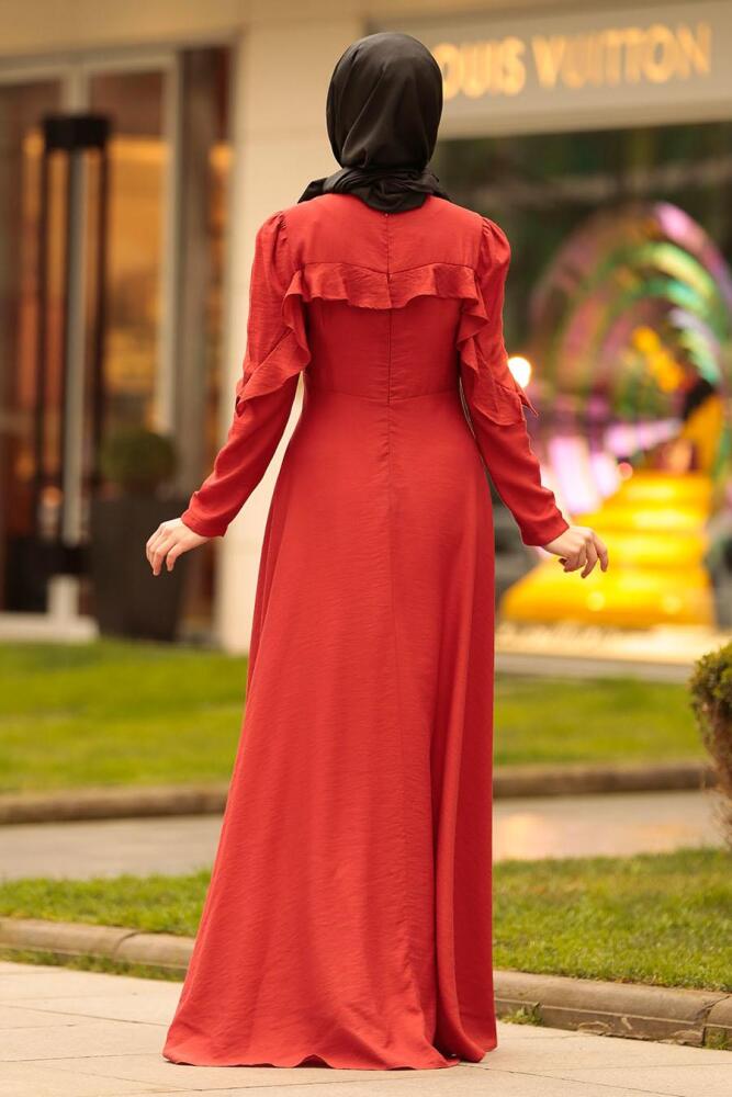 Nayla Collection - Fırfırlı Kiremit Tesettür Elbise 4262KRMT - 2