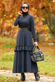 Nayla Collection - Fırfırlı Lacivert Tesettür Elbise 4021L - Thumbnail
