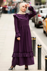 Nayla Collection - Fırfırlı Mor Tesettür Elbise 4015MOR - Thumbnail