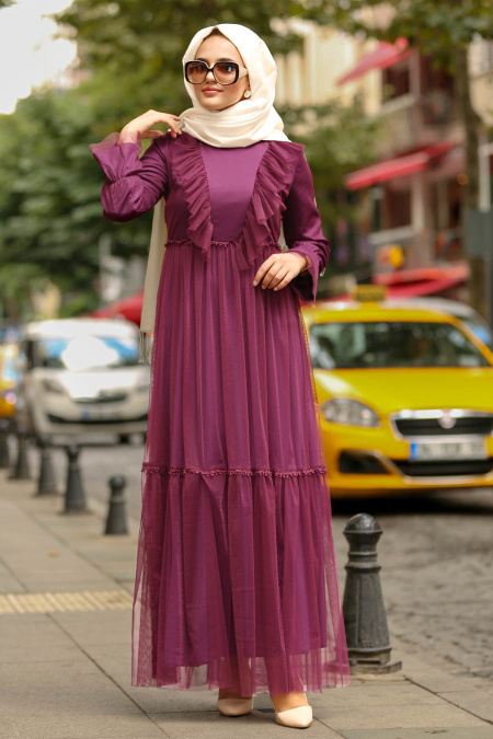 Nayla Collection - Fırfırlı Mürdüm Tesettür Elbise 81901MU