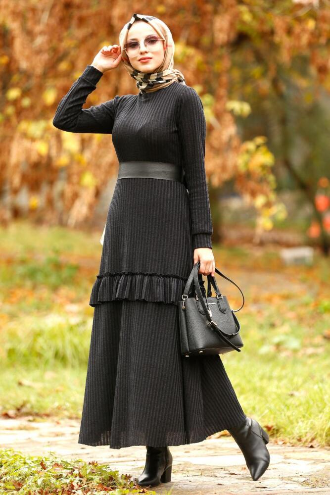Nayla Collection - Fırfırlı Siyah Tesettür Elbise 4021S - 1