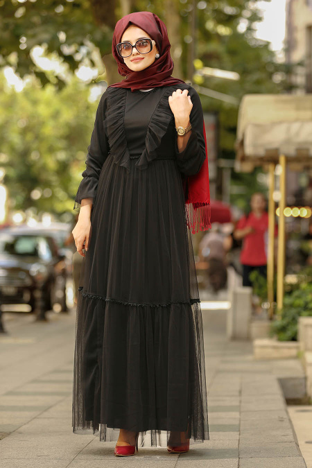 Nayla Collection - Fırfırlı Siyah Tesettür Elbise 81901S