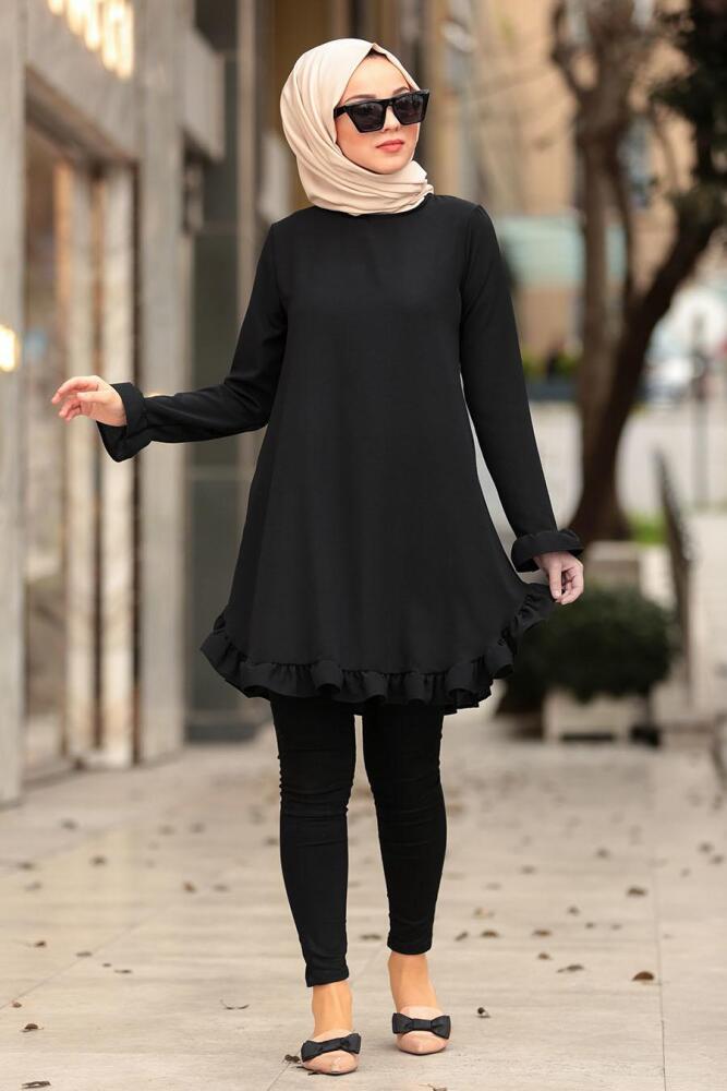Nayla Collection - Fırfırlı Siyah Tesettür Tunik 10130S - 1