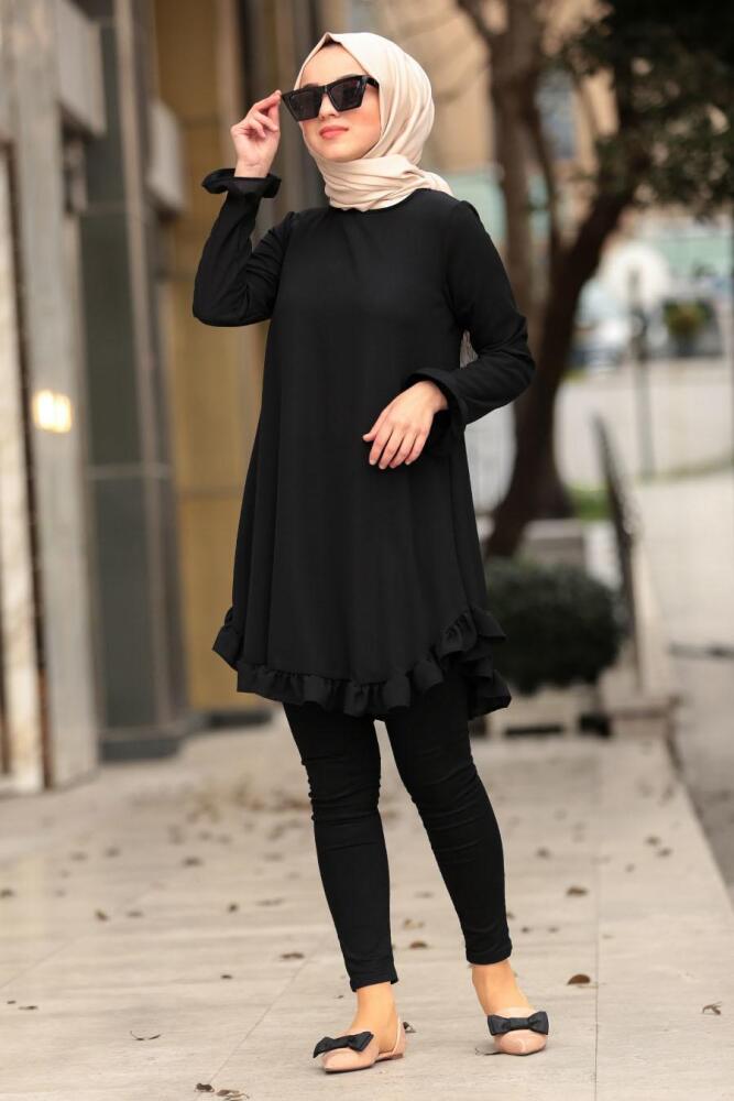 Nayla Collection - Fırfırlı Siyah Tesettür Tunik 10130S - 2