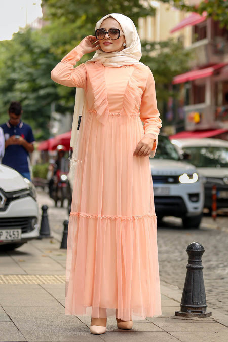 Nayla Collection - Fırfırlı Somon Tesettür Elbise 81901SMN