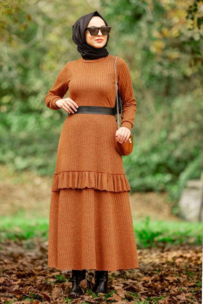 Nayla Collection - Fırfırlı Taba Tesettür Elbise 4021TB - 1