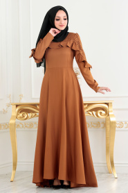 Nayla Collection - Fırfırlı Taba Tesettür Elbise 42410TB - Thumbnail