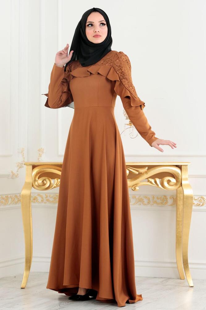 Nayla Collection - Fırfırlı Taba Tesettür Elbise 42410TB - 2