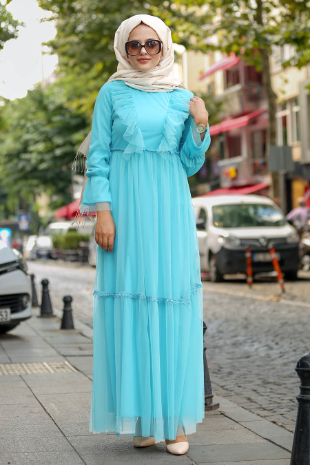 Nayla Collection - Fırfırlı Turkuaz Tesettür Elbise 81901TR