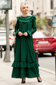 Nayla Collection - Fırfırlı Yeşil Tesettür Elbise 4015Y - Thumbnail