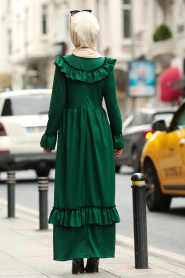 Nayla Collection - Fırfırlı Yeşil Tesettür Elbise 4015Y - Thumbnail